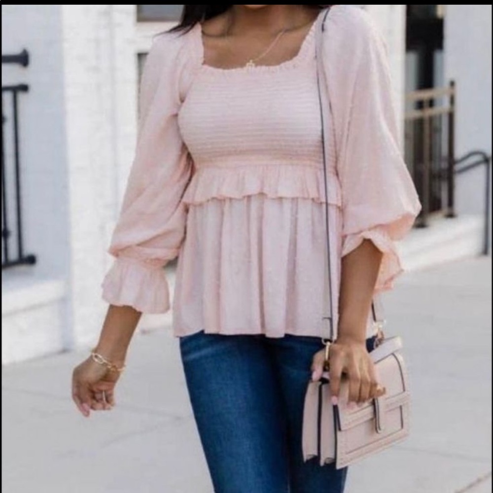 Pink Lily swiss dot peach blouse small